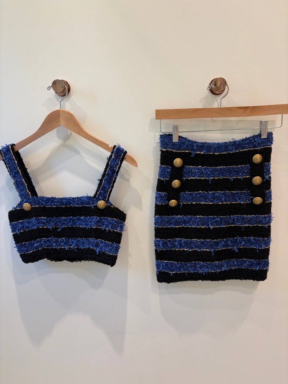 Balmain Striped Blue Tweed Crop Top + Skirt Set